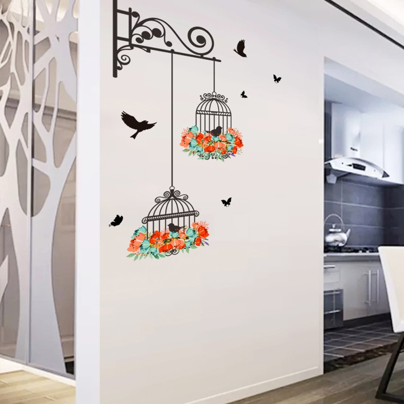 Colorful Flower birdcage flying birds wall sticker - Image 3
