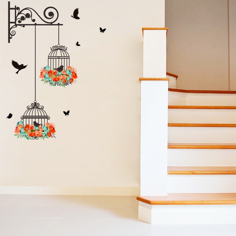 Colorful Flower birdcage flying birds wall sticker - Image 4