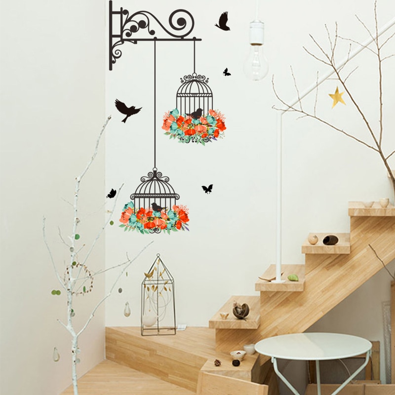 Colorful Flower birdcage flying birds wall sticker - Image 5
