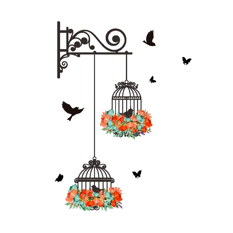 Colorful Flower birdcage flying birds wall sticker - Image 6