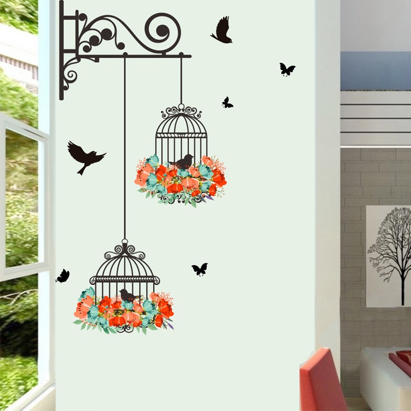 Colorful Flower birdcage flying birds wall sticker