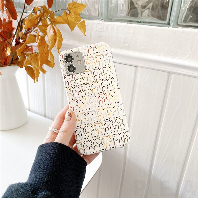 Cute Color Painting Bear Phone Case For iPhone X XR XS 12mini 11 Pro Max SE 2020 7 8 Plus Soft Leather Covers Line Drawing Shell