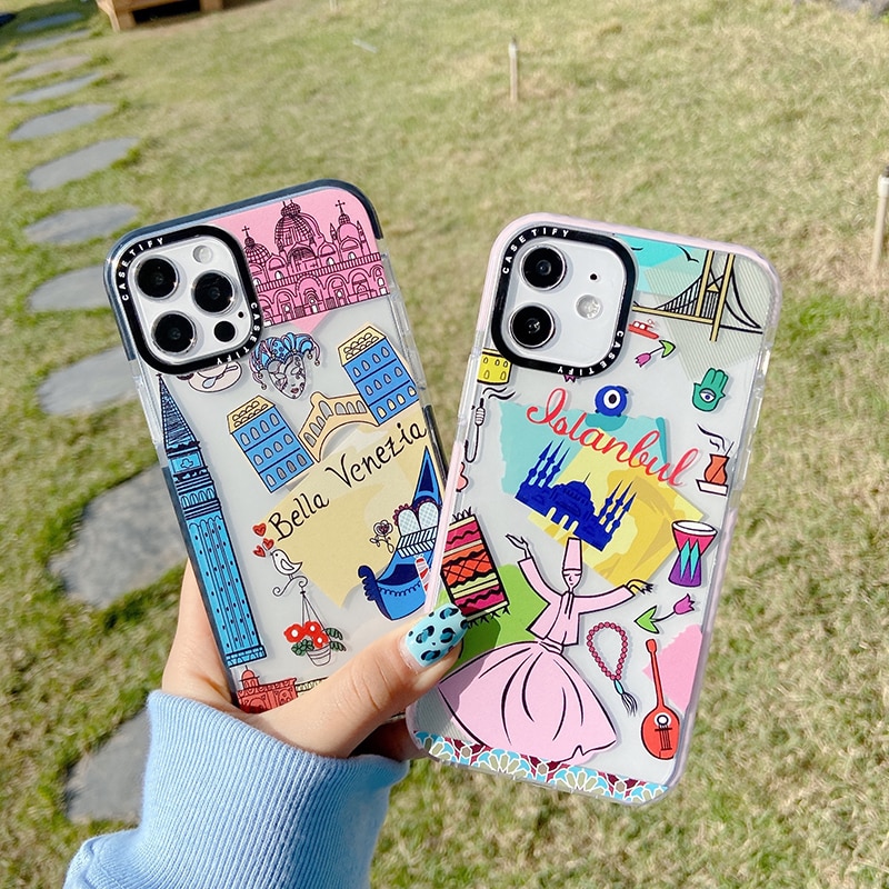 Cute Girly Pattern City Design Phone Case For iPhone XS 12 mini 11 Pro Max 7 8 Plus SE 2020 X XR Soft Clear Protection Covers