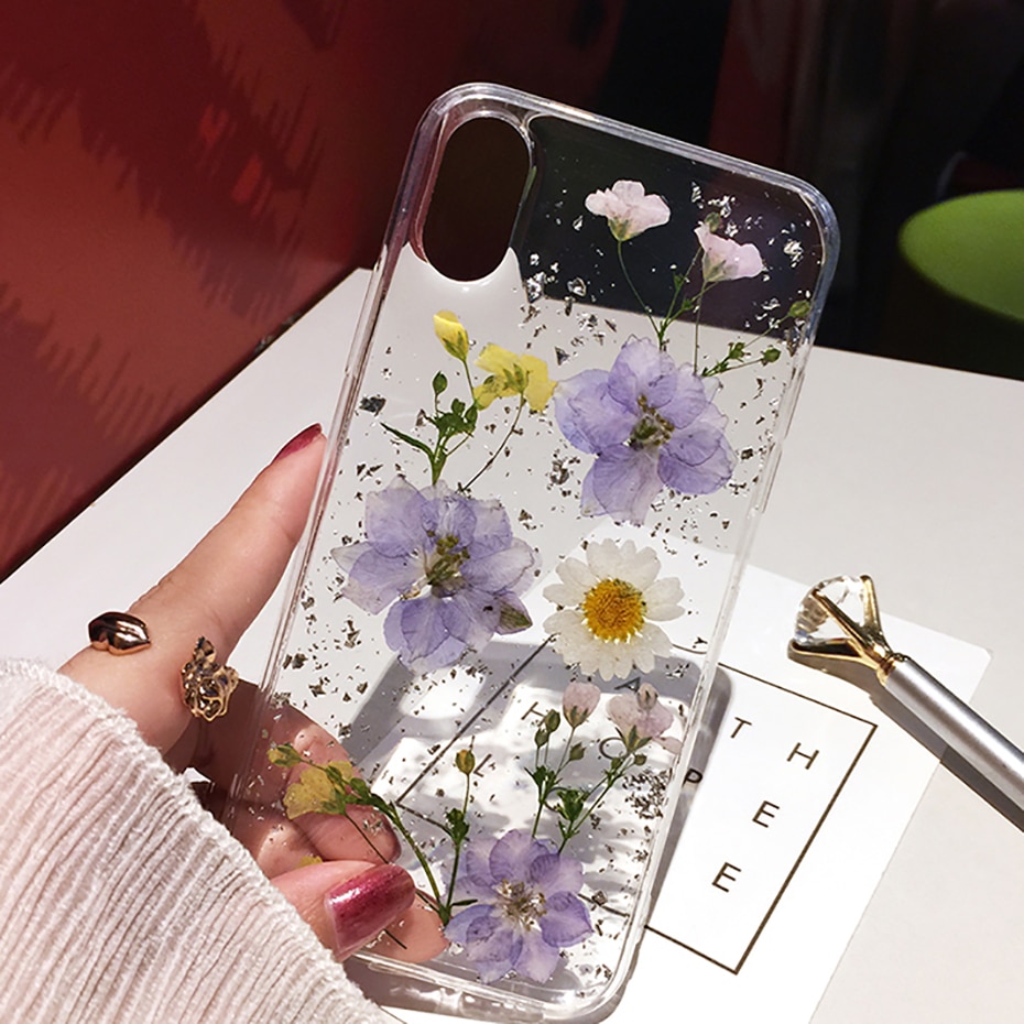 Dried Flower Silver foil Clear Phone Cases For iPhone 12 11 Pro Max XS Max XR X 6 6S 7 8 Plus SE Soft Silicone Cover