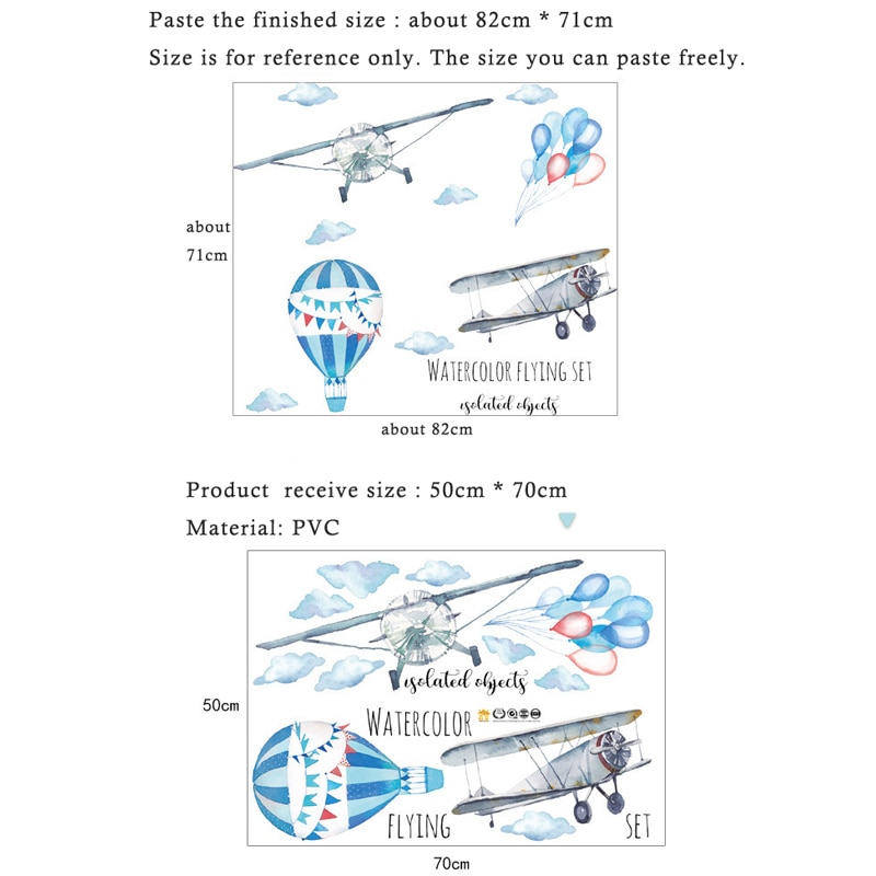 Watercolor airplane hot air balloon Wall Sticker kids baby rooms - Image 2