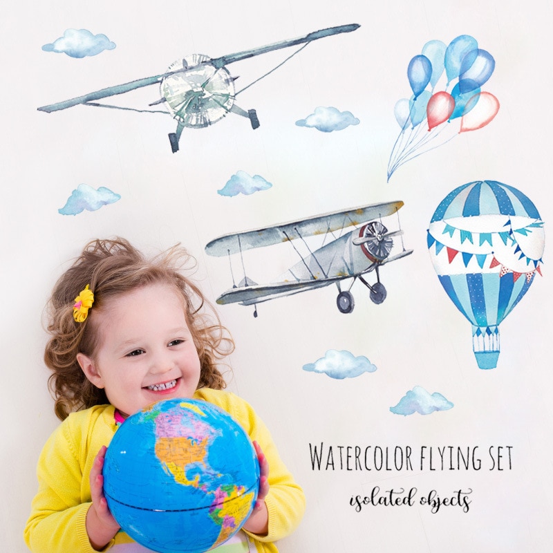 Watercolor airplane hot air balloon Wall Sticker kids baby rooms - Image 3