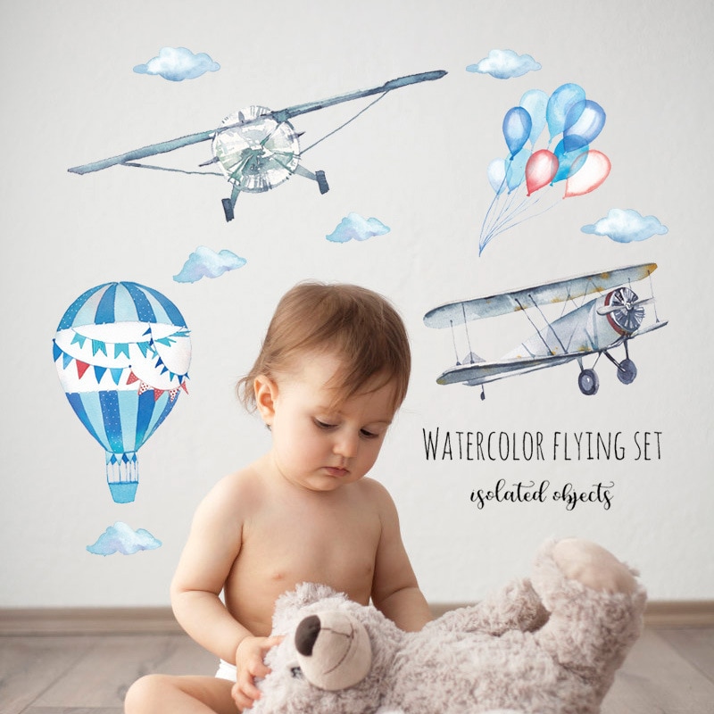 Watercolor airplane hot air balloon Wall Sticker kids baby rooms - Image 4