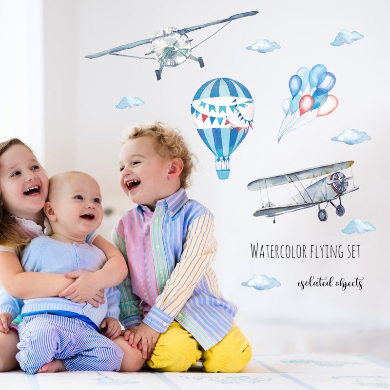 Watercolor airplane hot air balloon Wall Sticker kids baby rooms - Image 5