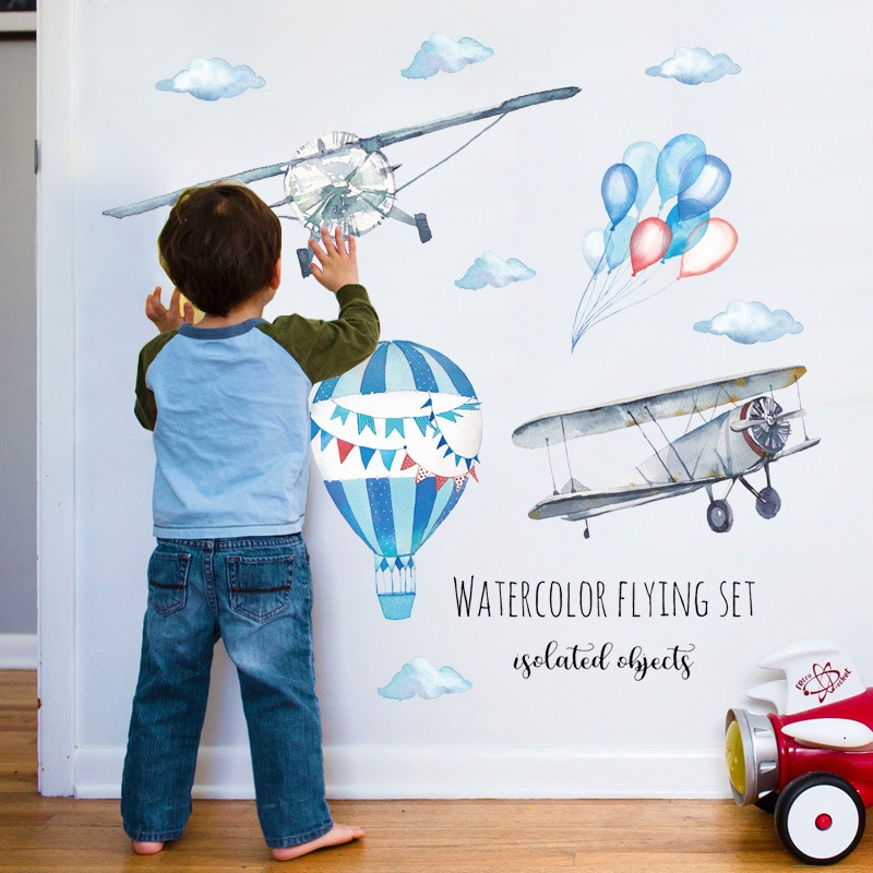 Watercolor airplane hot air balloon Wall Sticker kids baby rooms