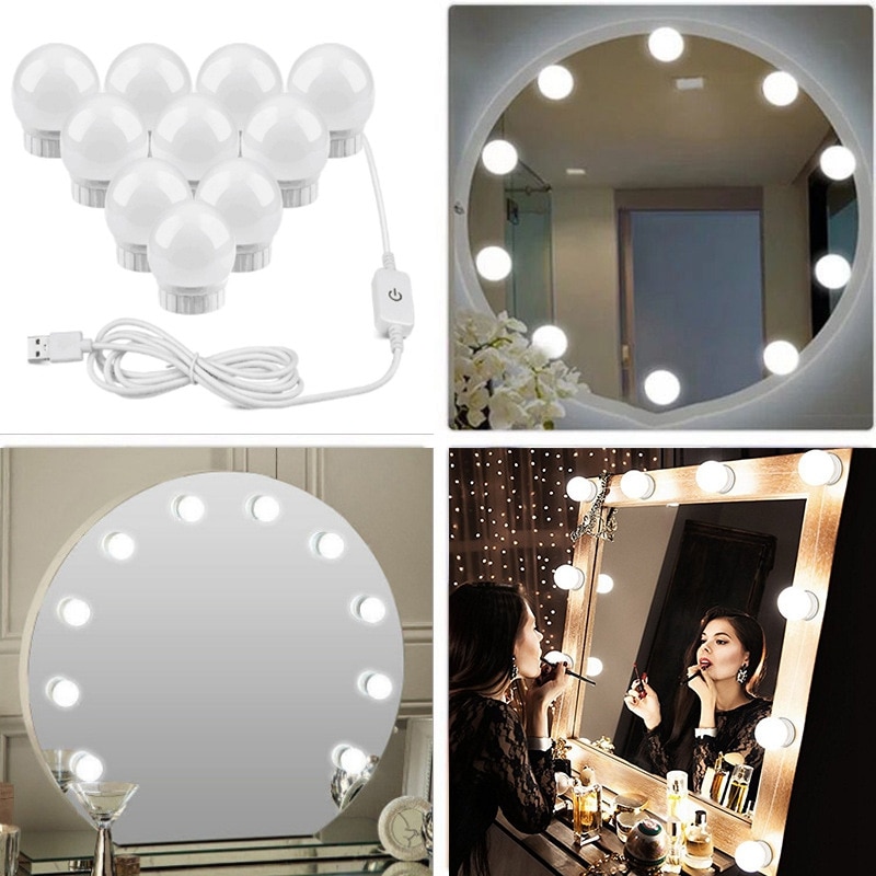 Dressing Table LED 12V Makeup Mirror Light Bulb Vanity Lights Stepless Dimmable USB Charging Port Adjustable Brightness Lights