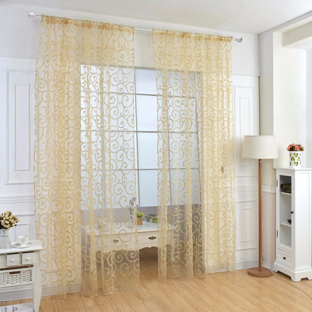 Floral Flocking Double S Shaped Pattern Tulle Curtain