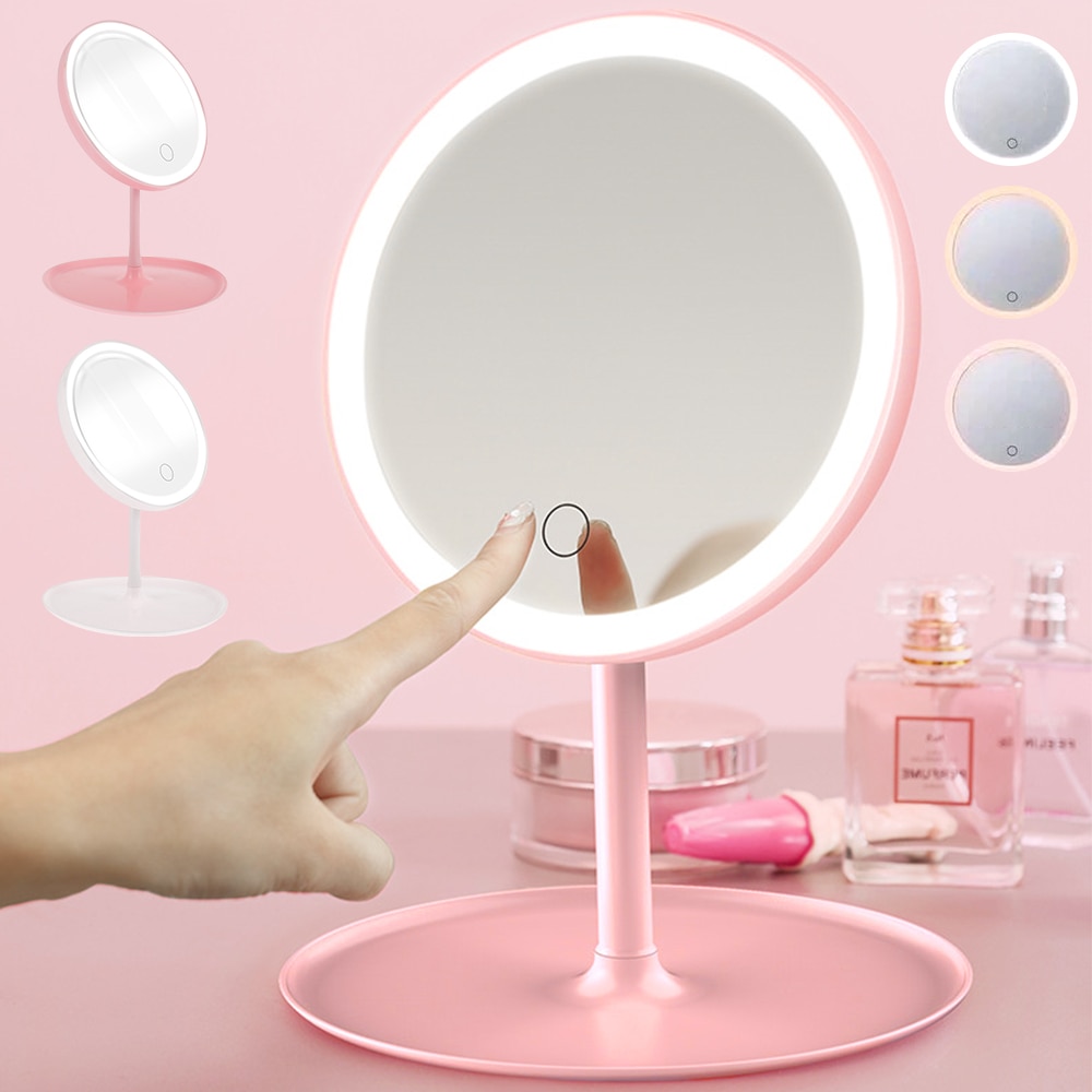 Portable LED Light Up Vanity Mirror Touch Control LED Make Up Light Standing Mirror Cosmetic Vanity Mirror Adjustable Brightness